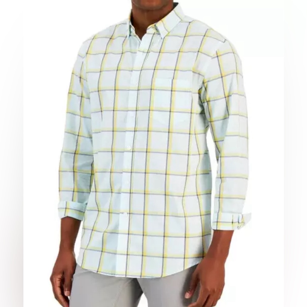 Club Room Plaid Collared Button Down Stretch Shirt Size S -Blue Chiffon-